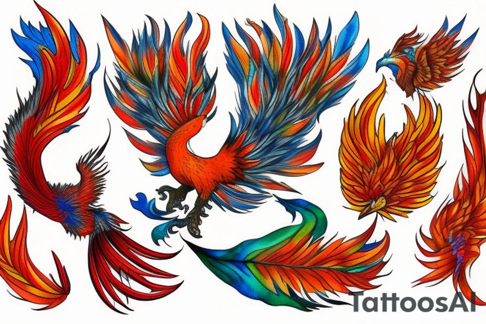Red and orange phoenix with tale of flames and peacock feathers in green and blue with two great fire wings and zarathustra sun at the back of the head tattoo idea