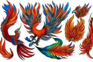 Red and orange phoenix with tale of flames and peacock feathers in green and blue with two great fire wings and zarathustra sun at the back of the head tattoo idea