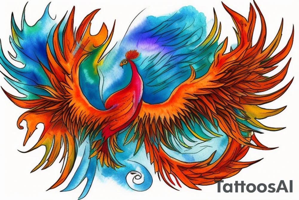 Red and orange phoenix with tale of flames and peacock feathers in green and blue with two great fire wings and zarathustra sun at the back of the head tattoo idea