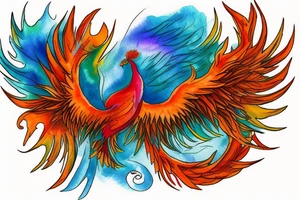 Red and orange phoenix with tale of flames and peacock feathers in green and blue with two great fire wings and zarathustra sun at the back of the head tattoo idea