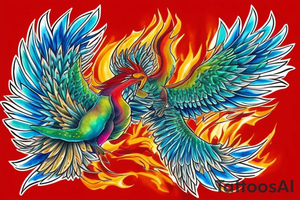 Red and orange phoenix with tale of flames and peacock feathers in green and blue with two great fire wings and zarathustra sun at the back of the head tattoo idea