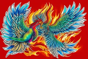 Red and orange phoenix with tale of flames and peacock feathers in green and blue with two great fire wings and zarathustra sun at the back of the head tattoo idea