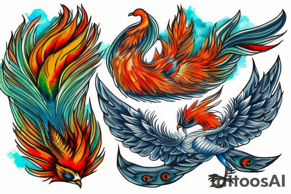 Red and orange phoenix with tale of flames and peacock feathers in green and blue with two great fire wings and zarathustra sun at the back of the head tattoo idea