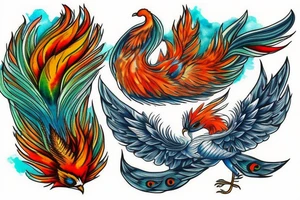 Red and orange phoenix with tale of flames and peacock feathers in green and blue with two great fire wings and zarathustra sun at the back of the head tattoo idea