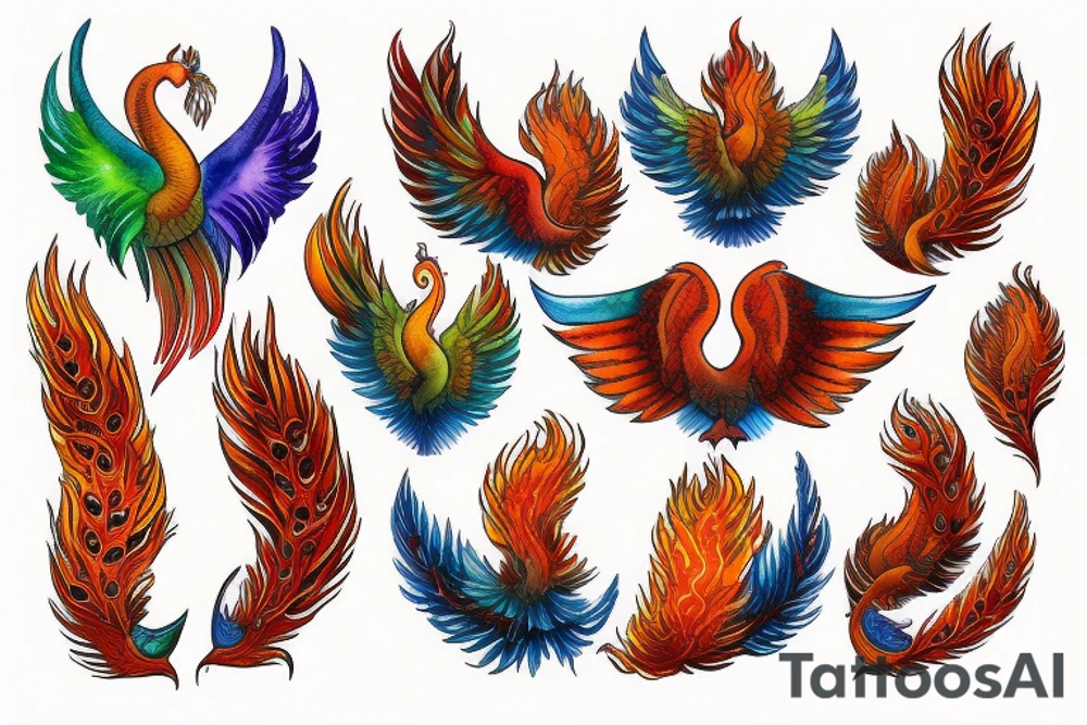 Red and orange phoenix with tale of flames and peacock feathers in green and blue with two great fire wings and zarathustra sun at the back of the head tattoo idea