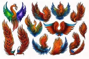 Red and orange phoenix with tale of flames and peacock feathers in green and blue with two great fire wings and zarathustra sun at the back of the head tattoo idea