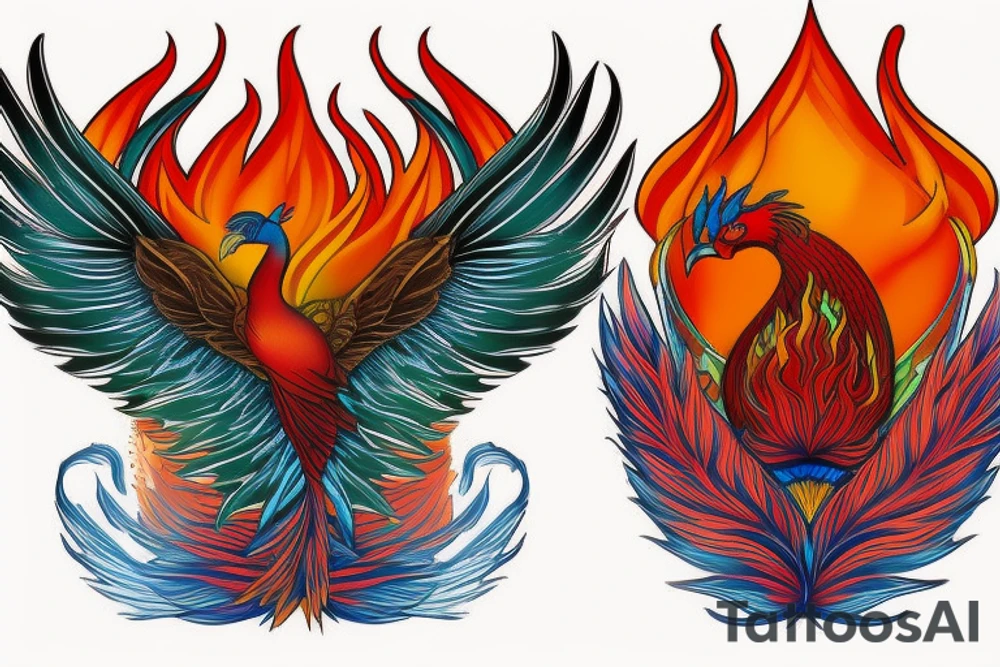 Red and orange phoenix with tale of flames and peacock feathers in green and blue with two great fire wings and zarathustra sun at the back of the head tattoo idea