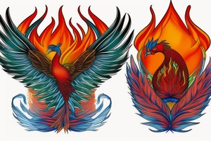 Red and orange phoenix with tale of flames and peacock feathers in green and blue with two great fire wings and zarathustra sun at the back of the head tattoo idea
