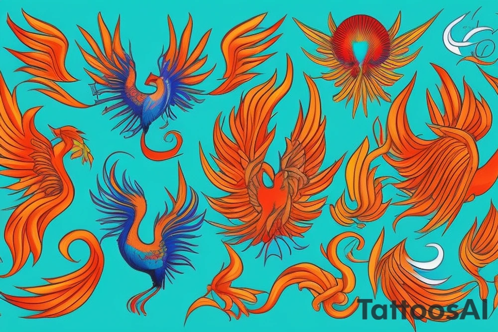 Red and orange phoenix with tale of flames and peacock feathers in green and blue with two great fire wings and zarathustra sun at the back of the head tattoo idea