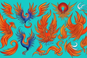 Red and orange phoenix with tale of flames and peacock feathers in green and blue with two great fire wings and zarathustra sun at the back of the head tattoo idea