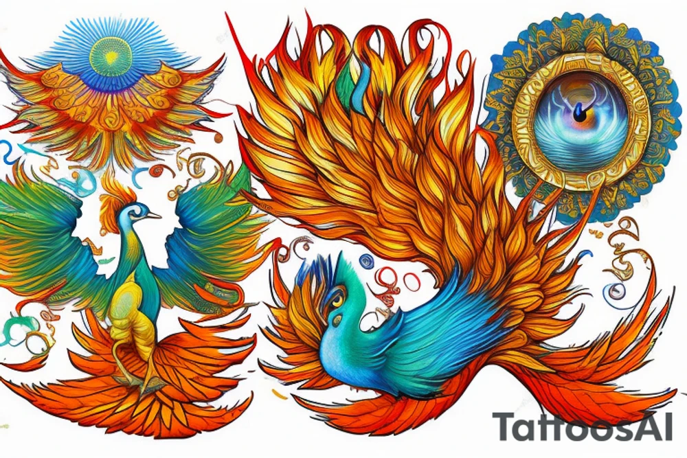 A big zarathustra sun with gold and orange shines and a infront of it the big Red and orange phoenix from the neck with two great fire wings and tale of flames and peacock feathers in green and blue tattoo idea