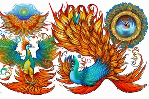 A big zarathustra sun with gold and orange shines and a infront of it the big Red and orange phoenix from the neck with two great fire wings and tale of flames and peacock feathers in green and blue tattoo idea