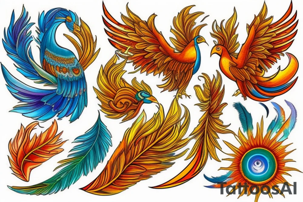 A big zarathustra sun with gold and orange shines and a infront of it the big Red and orange phoenix from the neck with two great fire wings and tale of flames and peacock feathers in green and blue tattoo idea
