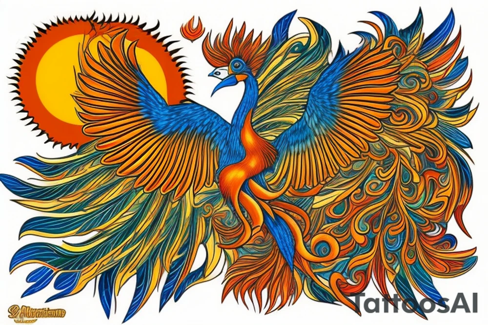 A big zarathustra sun with gold and orange shines and a infront of it the big Red and orange phoenix from the neck with two great fire wings and tale of flames and peacock feathers in green and blue tattoo idea