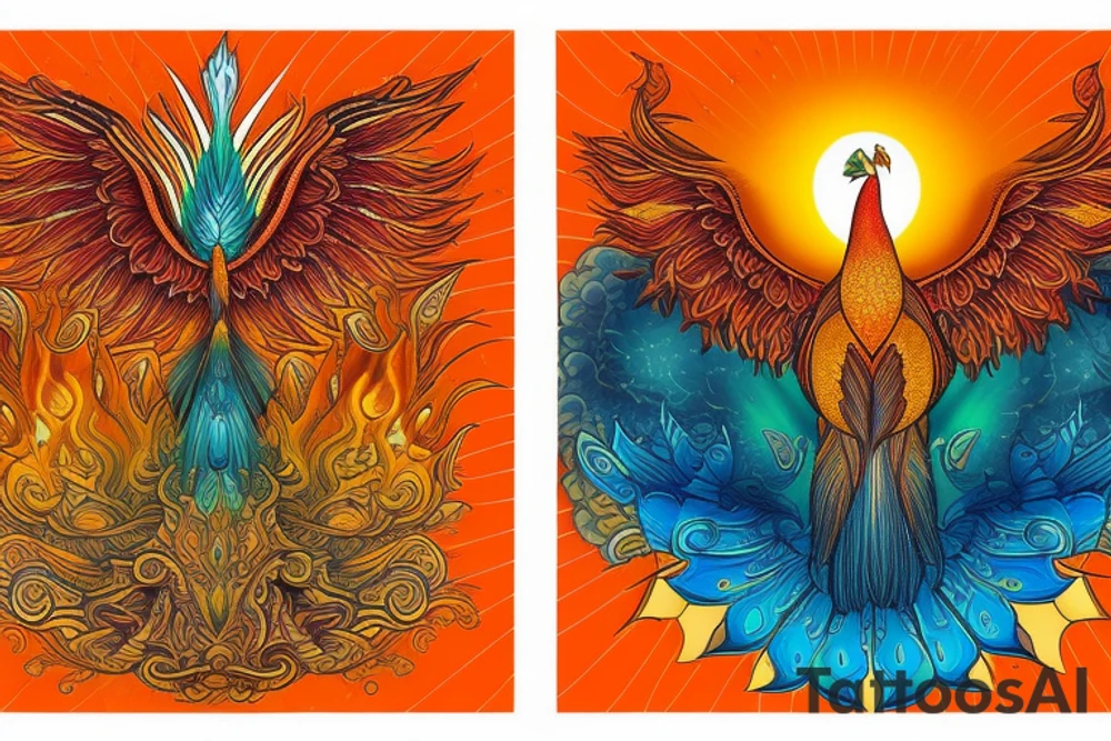 A big zarathustra sun with gold and orange shines and a infront of it the big Red and orange phoenix from the neck with two great fire wings and tale of flames and peacock feathers in green and blue tattoo idea