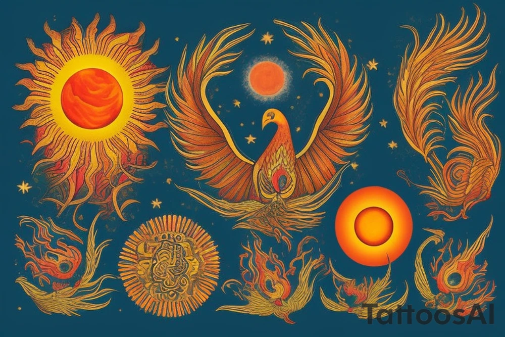 A big zarathustra sun with gold and orange shines and a infront of it the big Red and orange phoenix from the neck with two great fire wings and tale of flames and peacock feathers in green and blue tattoo idea