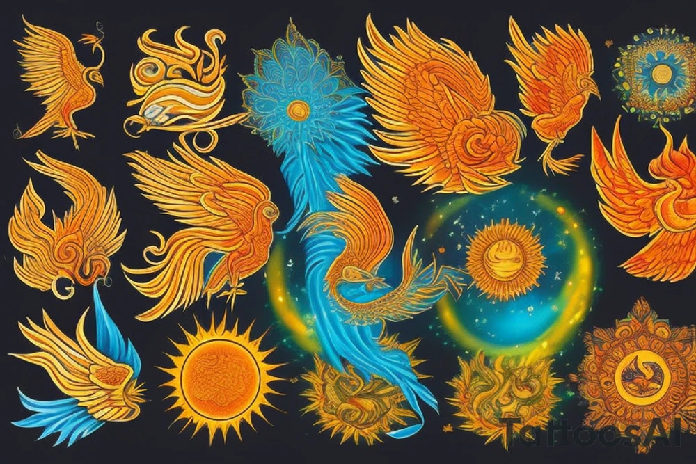 A big zarathustra sun with gold and orange shines and a infront of it the big Red and orange phoenix from the neck with two great fire wings and tale of flames and peacock feathers in green and blue tattoo idea