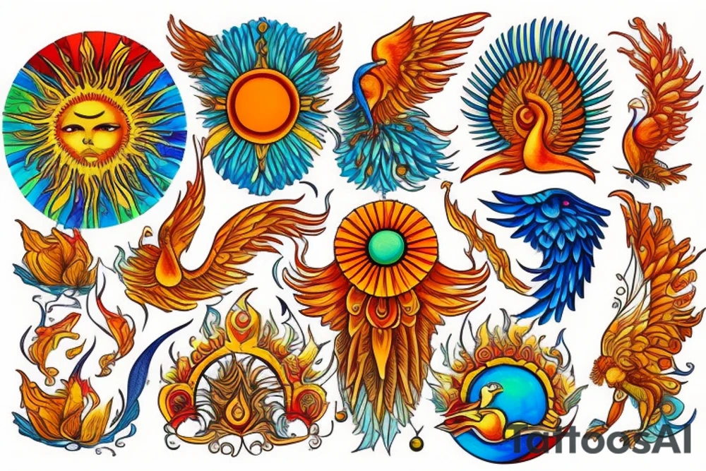 A big zarathustra sun with gold and orange shines and a infront of it the big Red and orange phoenix from the neck with two great fire wings and tale of flames and peacock feathers in green and blue tattoo idea