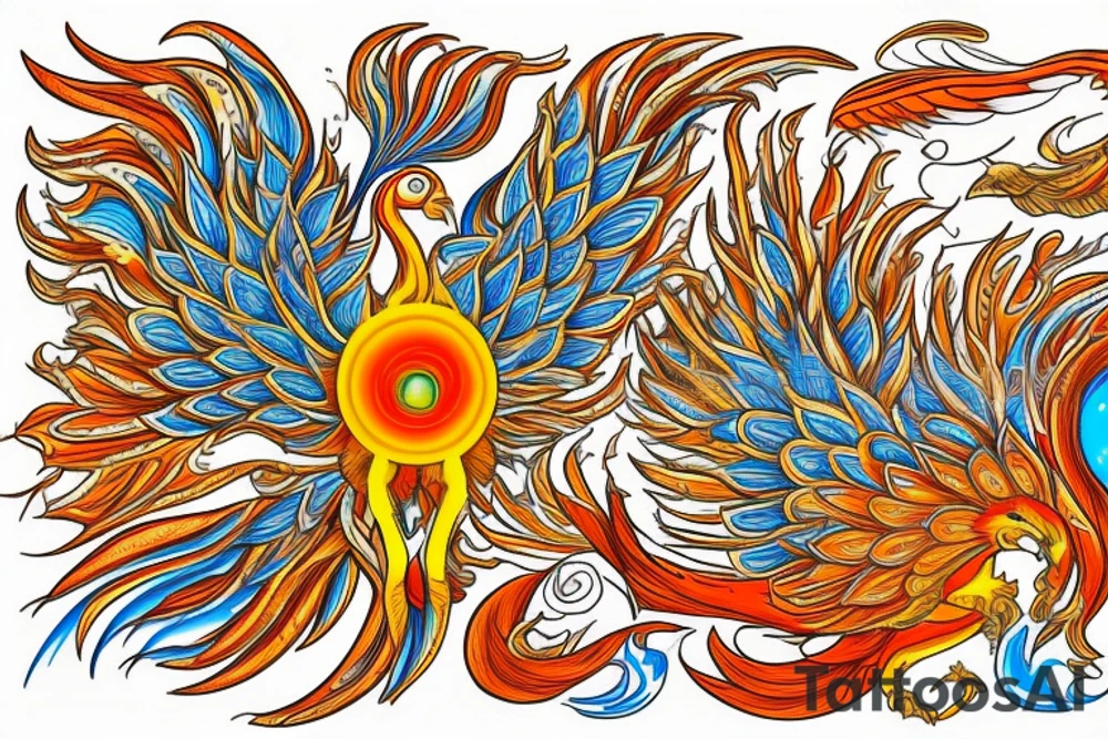 A big zarathustra sun with gold and orange shines and a infront of it the big Red and orange phoenix from the neck with two great fire wings and tale of flames and peacock feathers in green and blue tattoo idea