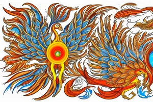 A big zarathustra sun with gold and orange shines and a infront of it the big Red and orange phoenix from the neck with two great fire wings and tale of flames and peacock feathers in green and blue tattoo idea