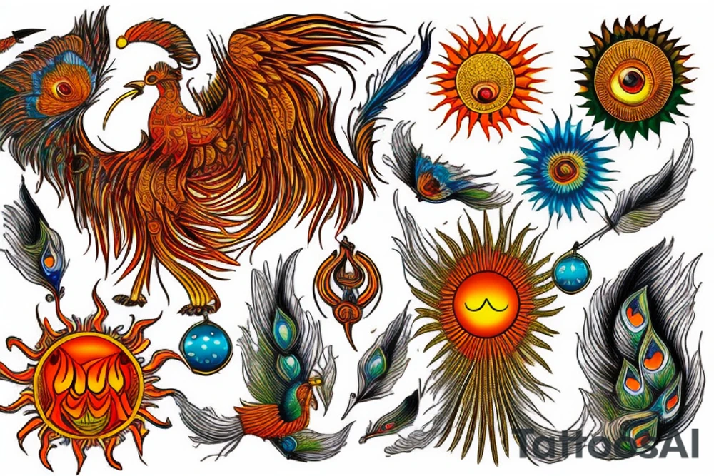 A big zarathustra sun with gold and orange shines and a infront of it the big Red and orange phoenix from the neck with two great fire wings and tale of flames and peacock feathers in green and blue tattoo idea