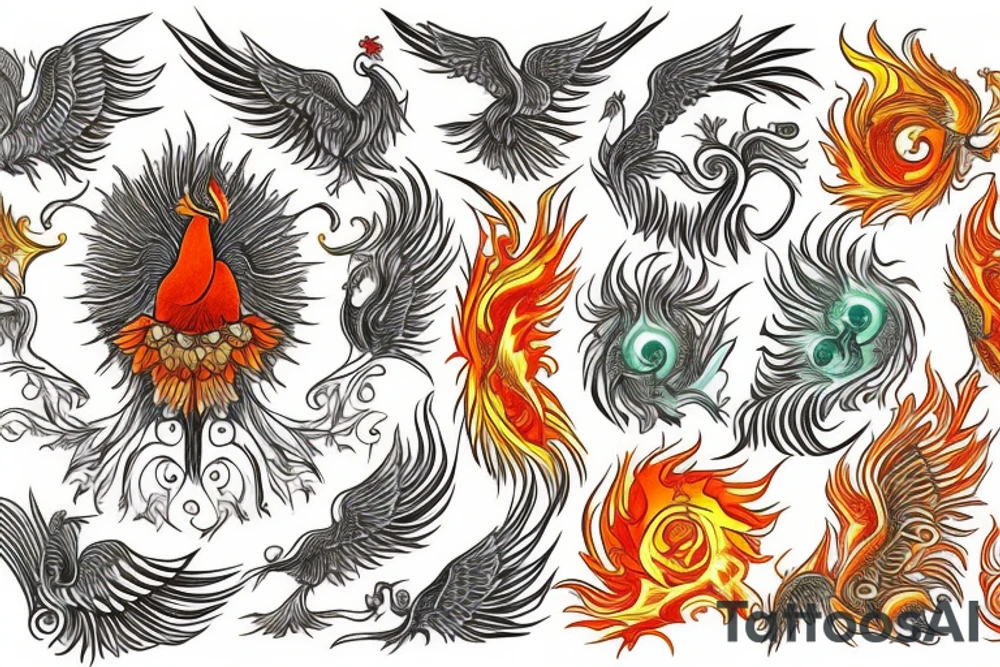 A big zarathustra sun with gold and orange shines and a infront of it the big Red and orange phoenix from the neck with two great fire wings and tale of flames and peacock feathers in green and blue tattoo idea