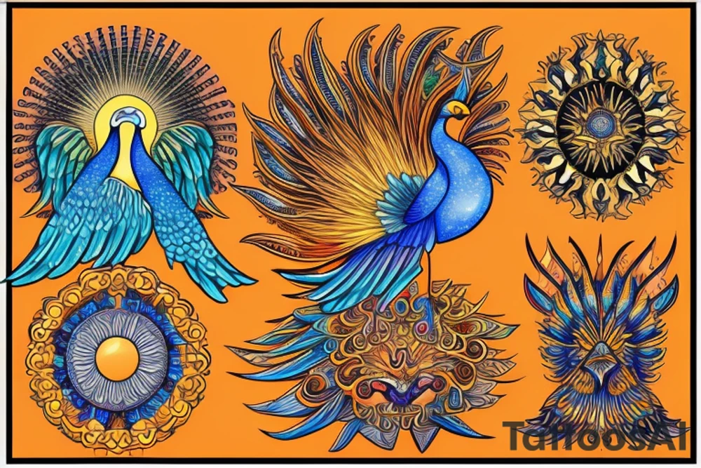 A big zarathustra sun with gold and orange shines and a infront of it the big Red and orange phoenix from the neck with two great fire wings and tale of flames and peacock feathers in green and blue tattoo idea