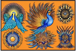 A big zarathustra sun with gold and orange shines and a infront of it the big Red and orange phoenix from the neck with two great fire wings and tale of flames and peacock feathers in green and blue tattoo idea