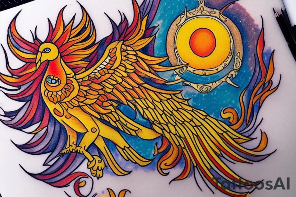 A big zarathustra sun with gold and orange shines and a infront of it the big Red and orange phoenix from the neck with two great fire wings and tale of flames and peacock feathers in shades of red, violet and yellow and a little bit green and blue tattoo idea