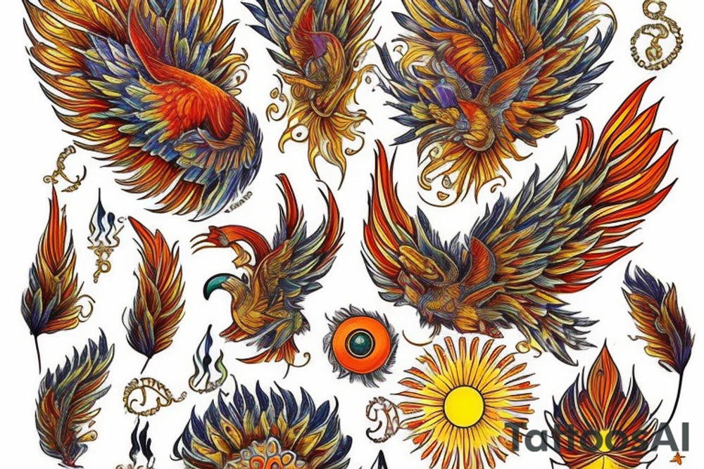 A big zarathustra sun with gold and orange shines and a infront of it the big Red and orange phoenix from the neck with two great fire wings and tale of flames and peacock feathers in shades of red, violet and yellow and a little bit green and blue tattoo idea