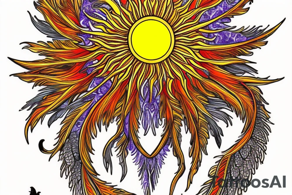 A big zarathustra sun with gold and orange shines and a infront of it the big Red and orange phoenix from the neck with two great fire wings and tale of flames and peacock feathers in shades of red, violet and yellow and a little bit green and blue tattoo idea