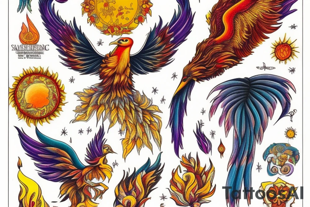 A big zarathustra sun with gold and orange shines and a infront of it the big Red and orange phoenix from the neck with two great fire wings and tale of flames and peacock feathers in shades of red, violet and yellow and a little bit green and blue tattoo idea
