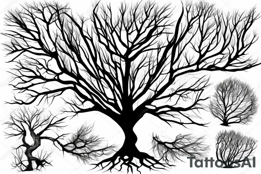 tree with roots and no leaves realistic with shadows and detailed tattoo idea
