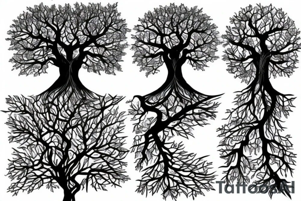 Beautiful tree with roots and no leaves realistic with shadows and detailed tattoo idea