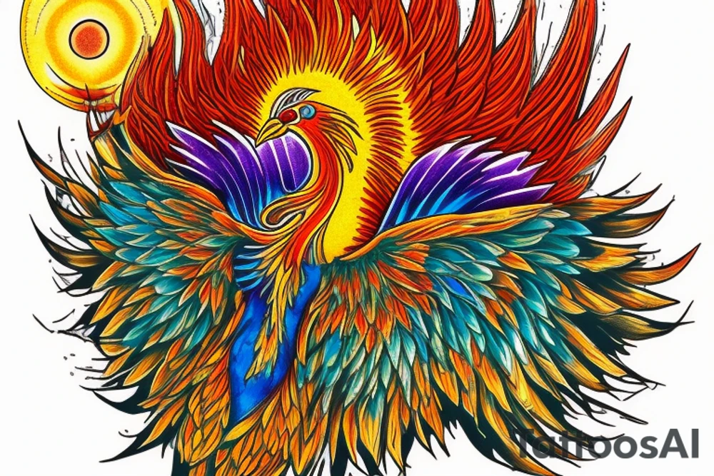 A big zarathustra sun with gold and orange shines and a infront of it the big Red and orange phoenix from the neck with two great fire wings and tale of flames and peacock feathers in shades of red, violet and yellow and a little bit green and blue l tattoo idea