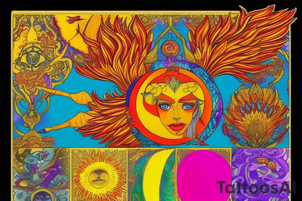 A big zarathustra sun with gold and orange shines and a infront of it the big Red and orange phoenix from the neck with two great fire wings and tale of flames and peacock feathers in shades of red, violet and yellow and a little bit green and blue l tattoo idea