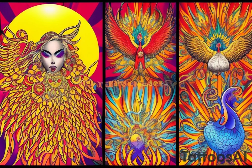 A big zarathustra sun with gold and orange shines and a infront of it the big Red and orange phoenix from the neck with two great fire wings and tale of flames and peacock feathers in shades of red, violet and yellow and a little bit green and blue l tattoo idea