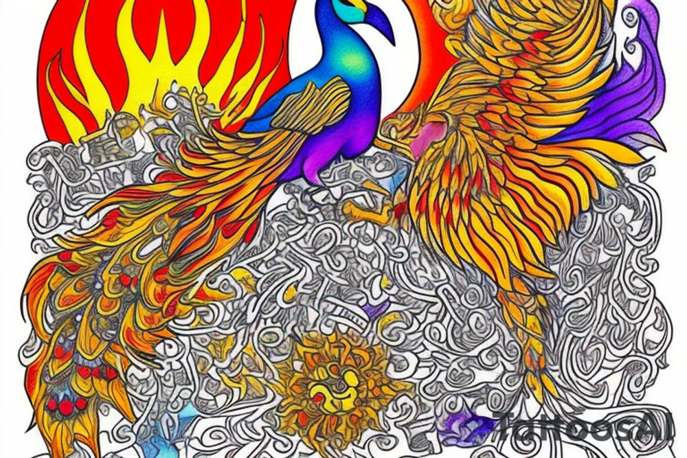 A big zarathustra sun with gold and orange shines and a infront of it the big Red and orange phoenix from the neck with two great fire wings and tale of flames and peacock feathers in shades of red, violet and yellow and a little bit green and blue l tattoo idea