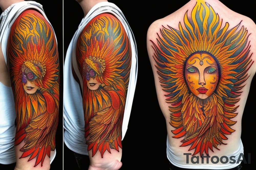 A big zarathustra sun with gold and orange shines and a infront of it the big Red and orange phoenix from the neck with two great fire wings and tale of flames and peacock feathers in shades of red, violet and yellow and a little bit green and blue l tattoo idea