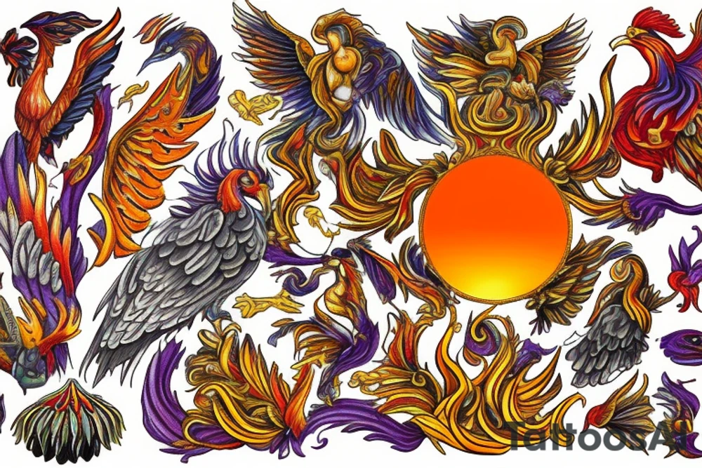 A big zarathustra sun with gold and orange shines and a infront of it the big Red and orange phoenix from the neck with two great fire wings and tale of flames and peacock feathers in shades of red, violet and yellow and a little bit green and blue l tattoo idea