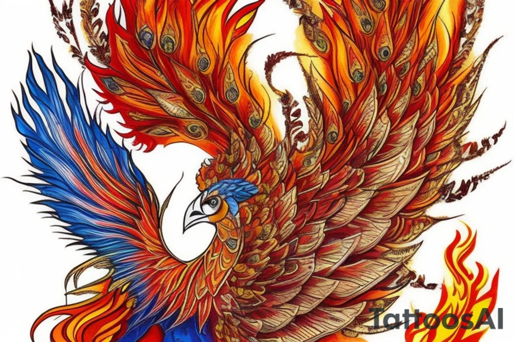 the big Red and orange phoenix from the neck with two great fire wings and tale of flames and peacock feathers in shades of red, violet and yellow and a little bit green and blue. And A big zarathustra sun with gold and orange shines on the back tattoo idea