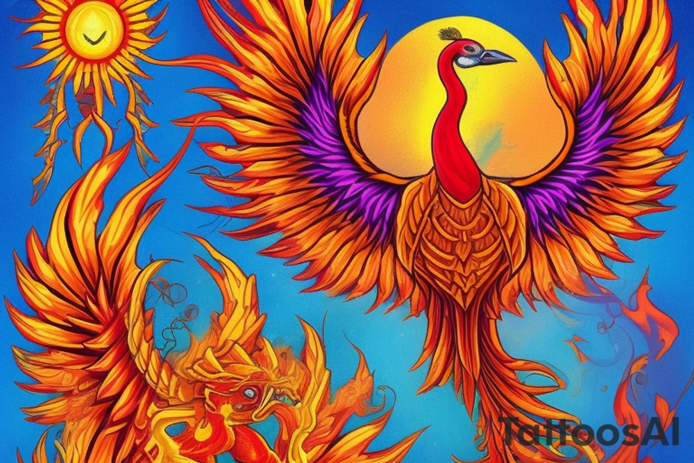 the big Red and orange phoenix from the neck with two great fire wings and tale of flames and peacock feathers in shades of red, violet and yellow and a little bit green and blue. And A big zarathustra sun with gold and orange shines on the back tattoo idea