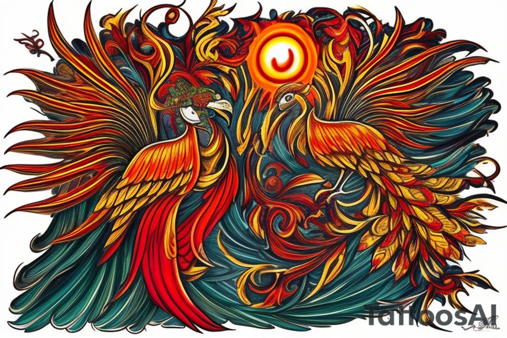Elegant the big Red and orange phoenix with aristocratic head from the neck with two great fire wings and tale of flames and peacock feathers in shades of red, violet and yellow and a little bit green and blue. And A big zarathustra sun with gold and orange shines on the back tattoo idea