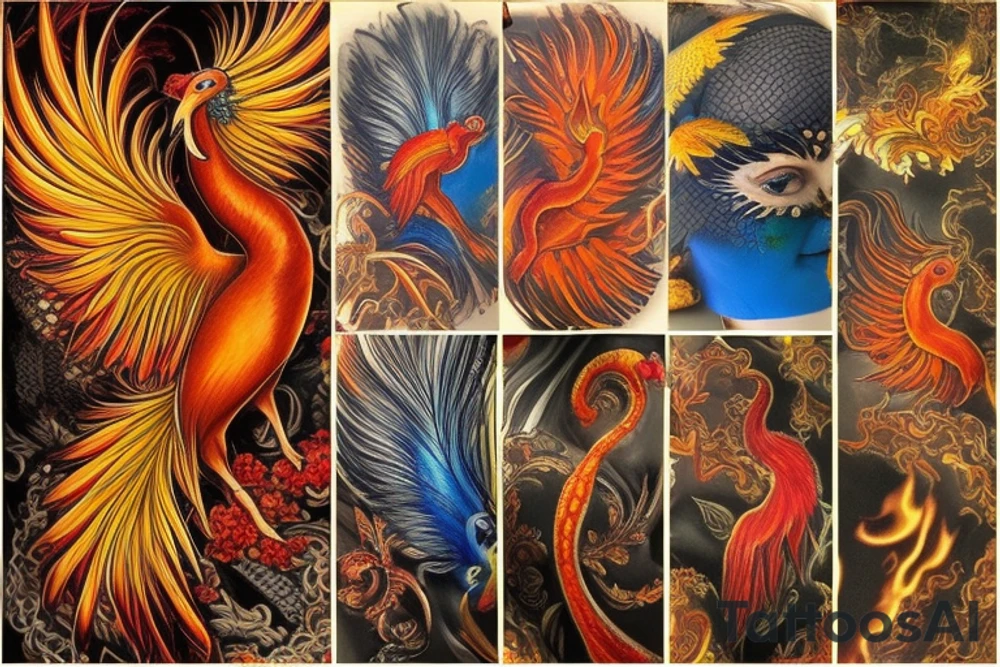 Elegant the big Red and orange phoenix with aristocratic head from the neck with two great fire wings and tale of flames and peacock feathers in shades of red, violet and yellow and a little bit green and blue. And A big zarathustra sun with gold and orange shines on the back tattoo idea