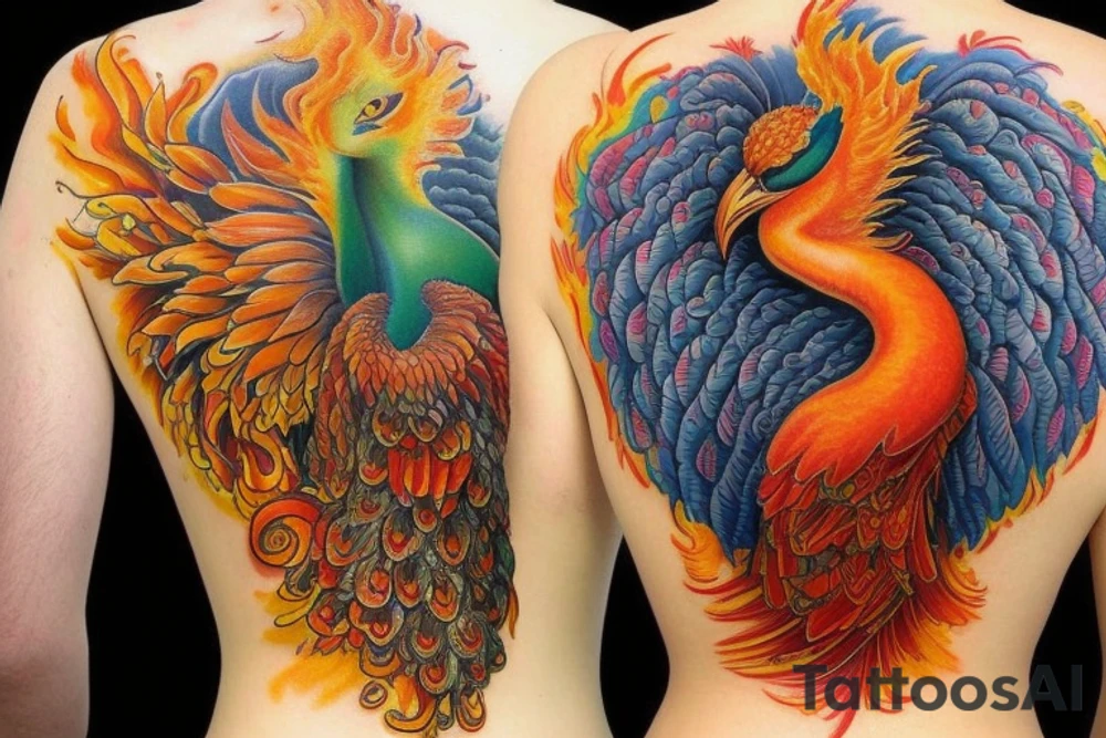 Elegant the big Red and orange phoenix with aristocratic head from the neck with two great fire wings and tale of flames and peacock feathers in shades of red, violet and yellow and a little bit green and blue. And A big zarathustra sun with gold and orange shines on the back tattoo idea