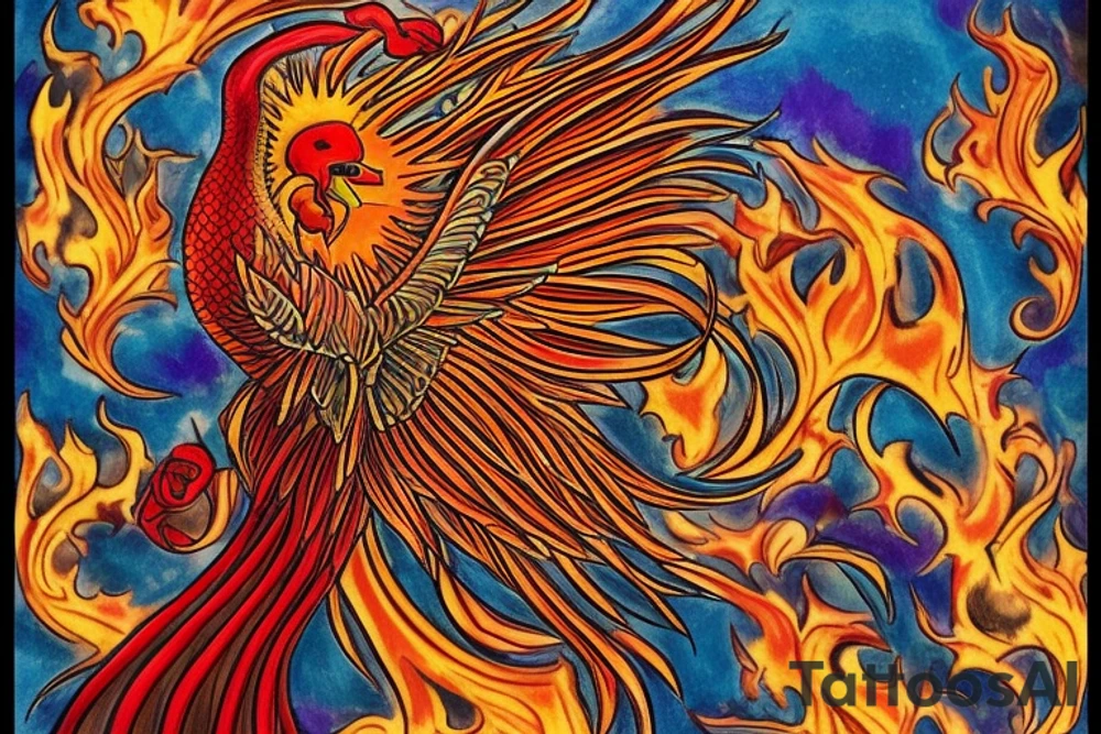 Elegant the big Red and orange phoenix with aristocratic head from the neck with two great fire wings and tale of flames and peacock feathers in shades of red, violet and yellow and a little bit green and blue. And A big zarathustra sun with gold and orange shines on the back tattoo idea