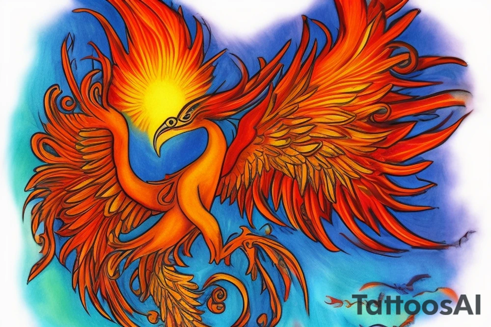 Elegant the big Red and orange phoenix with aristocratic head from the neck with two great fire wings and tale of flames and peacock feathers in shades of red, violet and yellow and a little bit green and blue. And A big zarathustra sun with gold and orange shines on the back tattoo idea