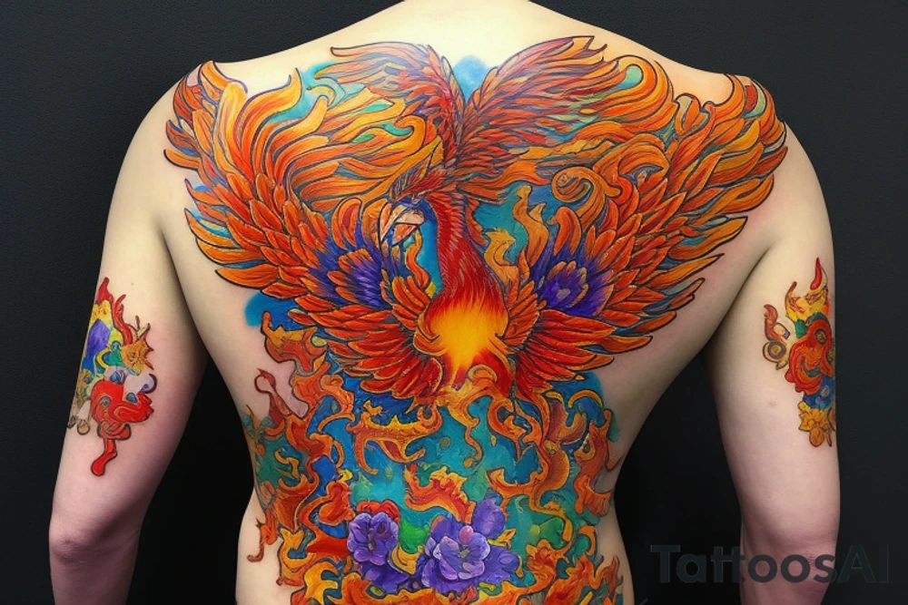 Elegant the big Red and orange phoenix with aristocratic head from the neck with two great fire wings and tale of flames and peacock feathers in shades of red, violet and yellow and a little bit green and blue. And A big zarathustra sun with gold and orange shines on the back tattoo idea
