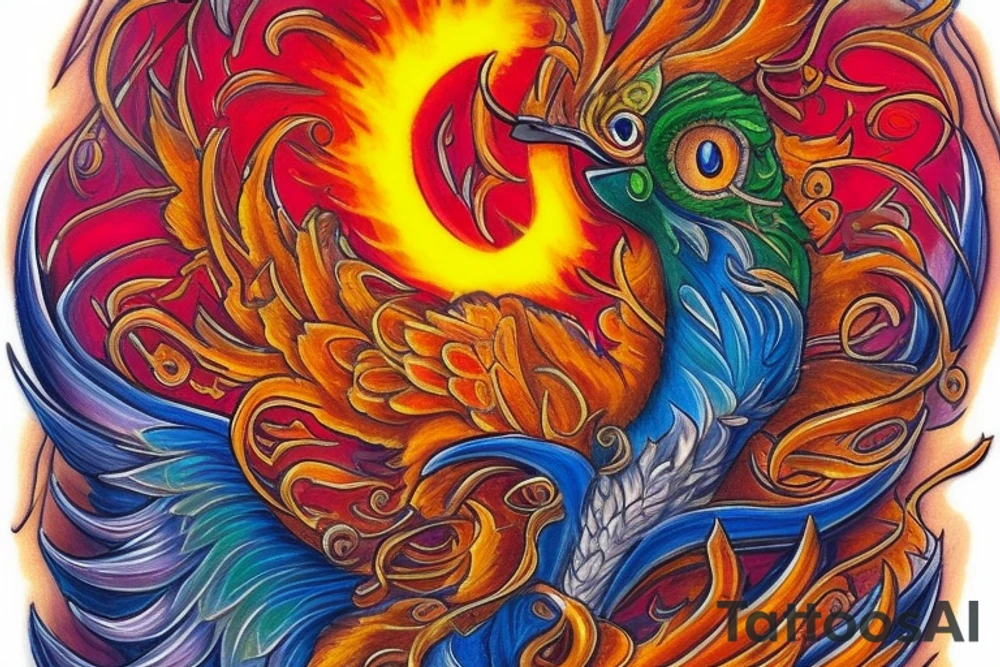 Elegant the big Red and orange phoenix with aristocratic head from the neck with two great fire wings and tale of flames and peacock feathers in shades of red, violet and yellow and a little bit green and blue. And A big zarathustra sun with gold and orange shines on the back tattoo idea