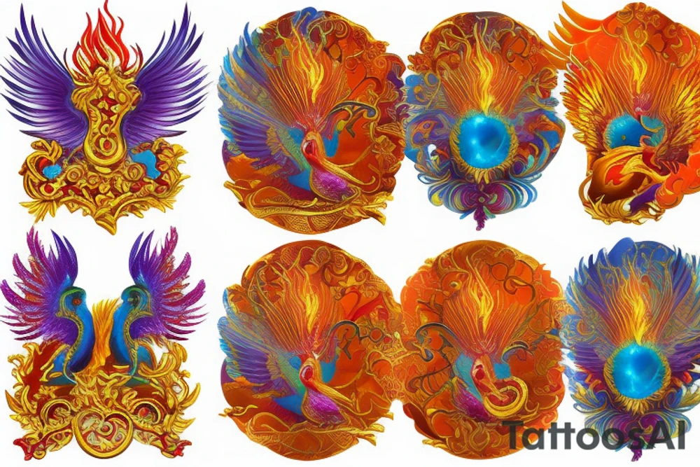 Elegant the big Red and orange phoenix with aristocratic head from the neck with two great fire wings and tale of flames and peacock feathers in shades of red, violet and yellow and a little bit green and blue. And A big zarathustra sun with gold and orange shines on the back tattoo idea